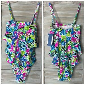 Caribbean Joe tiered bandeau floral 1 piece swimsuit removable straps Small NWT